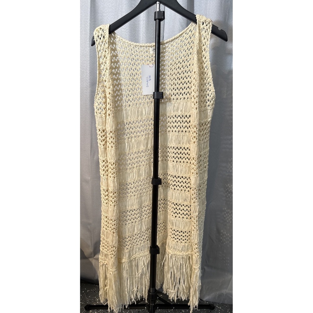 Umgee Crochet Fringe Duster Vest Womens Small Cream Open Front Knit Boho